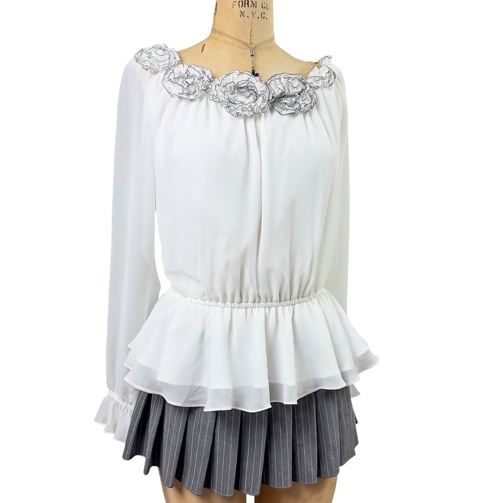 Coquette Peplum Rosette Chiffon Blouse Sheer Bishop Sleeve Satin Bow Victorian 8